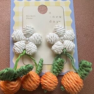 A New Day White and Green Orange Raffia Faux Pearl Earrings Jewelry NWT